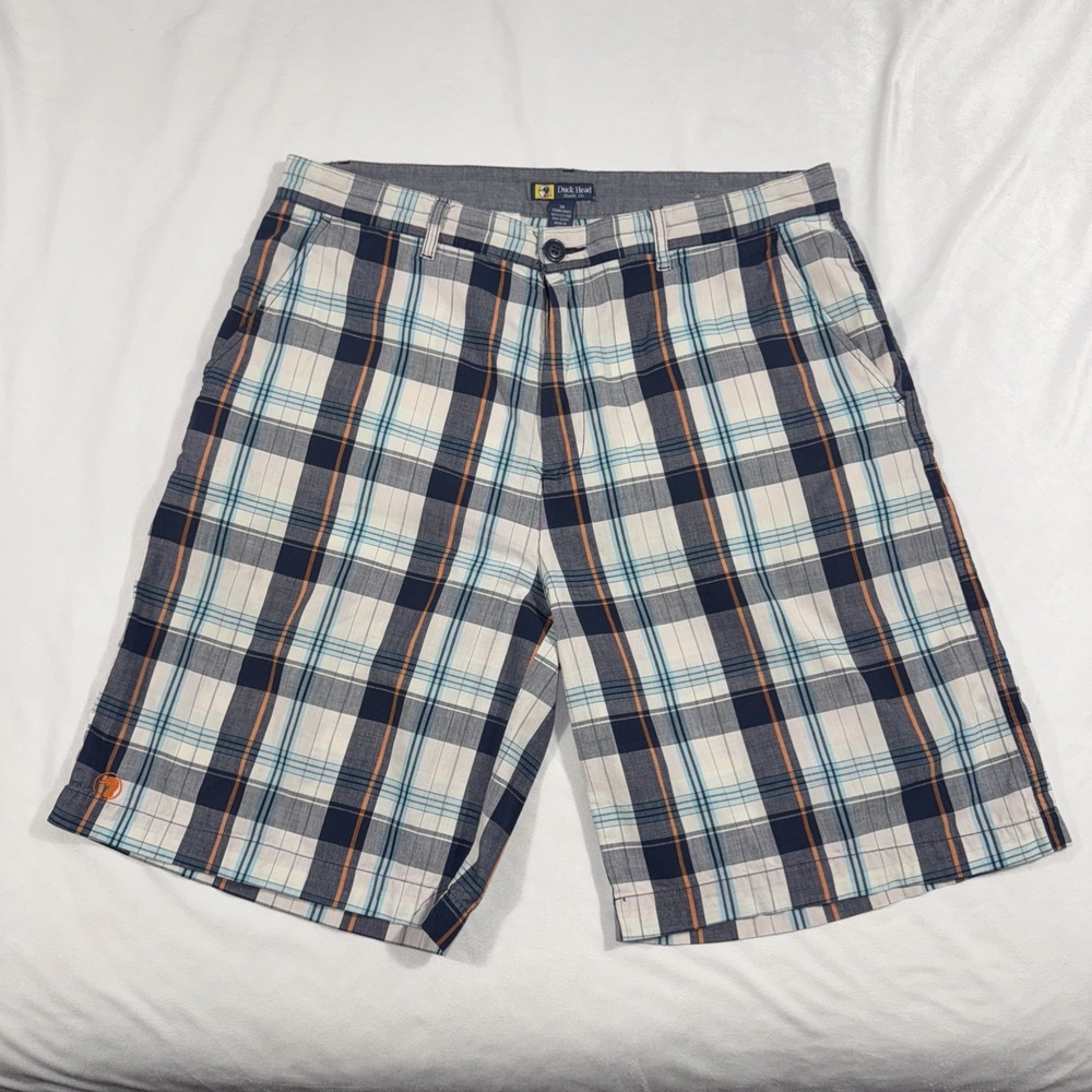 Duck Head Shorts‎ Mens 36 White Blue Plaid Blue Orange 10" Inseam